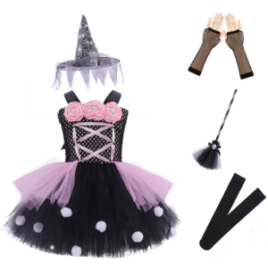 Uniqkids Kids Halloween Girl Costume Witch Costume Party Clothes 5 in 1 set Wizard Witch Dress Cosplay Costume
