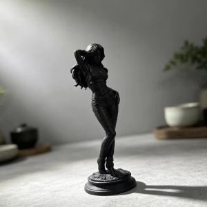 FFBH Curly Hair Lady Figurine 3D Print Sculpture Stylish Girl in Denim Pants Statue Ornament Tabletop Art Decoration Collectible Gift Z1H5K