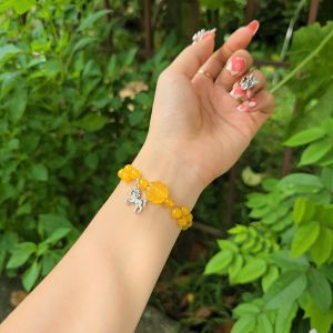 Q208 Lắc tay thiết kế hạt Ngọc Agate Vàng mix cỏ 4 lá Cẩm Thạch Vàng charm Bạc ngựa móc bạc cho Thổ và Kim - Phong Thủy TUDO