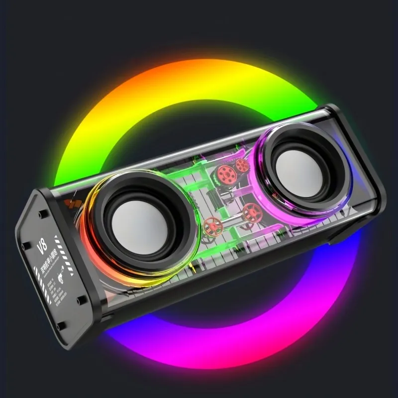 Speaker V8 Transparent Mecha Bluetooth Speaker Small Steel Cannon LED Wireless 3D Surround Portable Intelligent TWS Audio