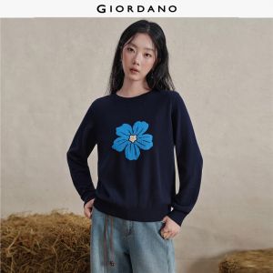 Giordano Women Contrast floral jacquard cotton sweater Free Shipping 18356720