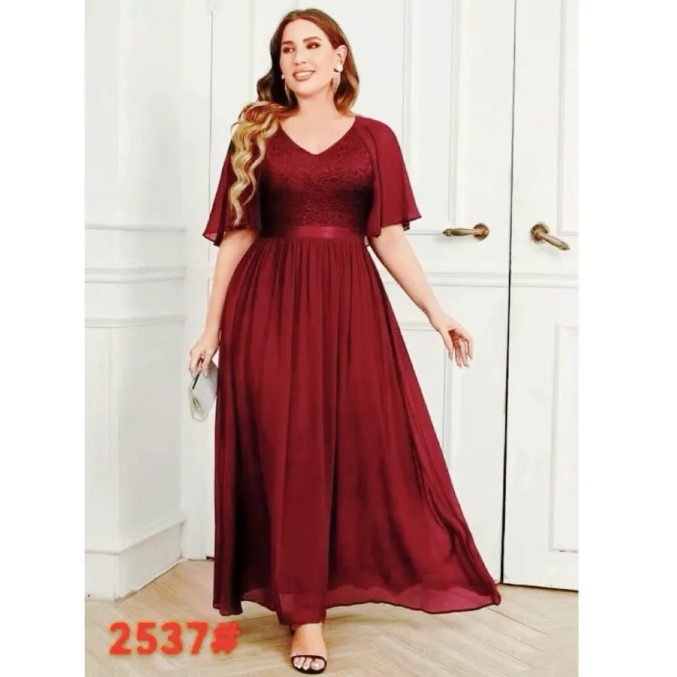 burgundy dress philippines Maxi Plus Size Gowns Elegant Plus Size Burgundy Maxi Dress With V-Neckline And Half Flounce Sleeves Lazada formal filipiniana dress