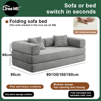 【10 Years Warranty】DreaME Furniture Folding Sofa Bed 4 in 1 Convertible Sofas with Pillow Back Support Armrest Comfy Foldable Sofa Bed Compressed Sofa in Box Corduroy Fabric for Living Room Bedroom