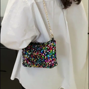 Women Sequins Shoulder Bag Fashion Crossbody Bag Chain Strap Messengers Bag Small Square Bag Evening Bag for Summer