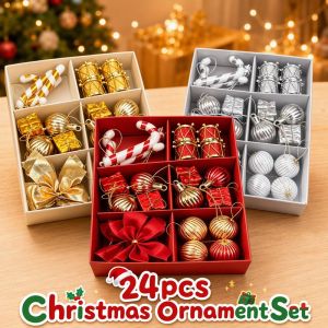 Wonderful Days 24Pcs Christmas Ornaments Gift Set Christmas Balls Ornaments Candy Cane Bow Xmas Tree Decoration Mixed Hanging Pendant