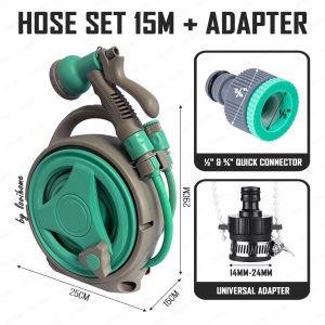 15M Hose Reel Set Compact Water Hose Reel Spray Gun Gardening Plant Watering Pet Cleaning Car Wash Clean Aircon Ledge