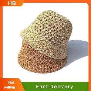 HB Handmade Crochet Floppy Top Summer Hats Collapsible Dome Bucket Hat Hollow Out Solid Color Beach Caps Simplicity Soft Women Hat