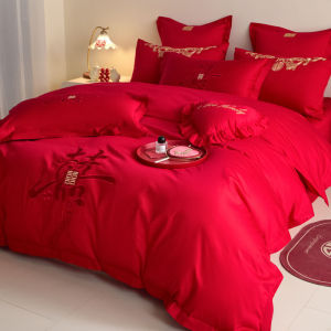 Bedding four-piece set high-end wedding Chinese four-piece set wedding red quilt cover pure cotton dragon and phoenix embroidered wedding bedding (bed sheet * 1 quilt cover * 1 pillowcase * 2)