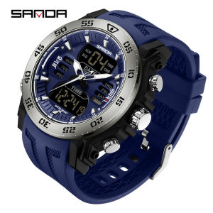 SANDA ชายยอดนาฬิกาแบรนด์หรูผู้ชายทหารกีฬาควอตซ์นาฬิกาข้อมือซิลิโคน LED นาฬิกาดิจิตอล