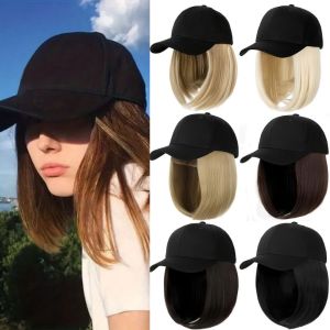 SOLOMONWF วัสดุสังเคราะห์ วิกผมสั้นตรงแบบหมวกโบบา ปรับได้ หมวกกันแดด หมวกเบสบอลพร้อมต่อผม แฟชั่น หมวกแก๊ป ชิ้นผมสีดำน้ำตาล สำหรับผู้หญิง
