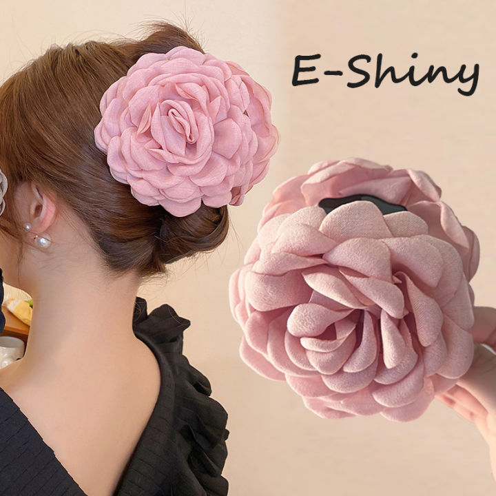 Elegant Cloth Art pink Rose Flower Hair Claw Women Hair Clip Clamp