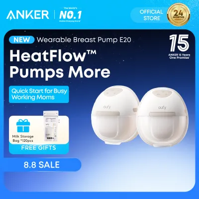 【With Free Gift】Anker eufy Wearable Breast Pump E20 Heated 3 Heat Levels Hands-Free Breast Pump with Innovative HeatFlow Optimized Rhythm via App Hospital-Grade Suction Leakproof Ultra-Slim and Quiet for in-Bra Use T6060
