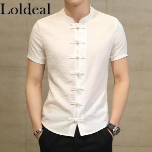 Loldeal ฤดูร้อนเสื้อผู้ชายสีแดงแฟชั่นสไตล์จีนผ้าลินินสลิมฟิตลำลองชายแขนสั้นเสื้อ camisa สังคมธุรกิจชุดเสื้อ
