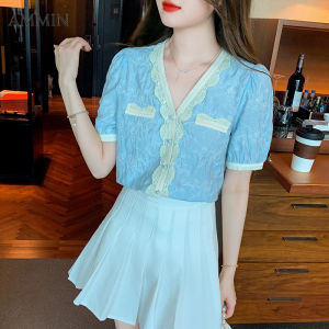 AMMIN เสื้อลูกไม้คอวี2023ใหม่สำหรับฤดูร้อนเสื้อผ้าชีฟองลูกไม้แขนฟองสัมผัสพื้นผิว MODE Korea หรูหราขนาดเล็กมีกลิ่นหอมปักลายคอวี