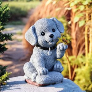 XSDDSF      Resin Puppy Butterfly Solar Ornament Creative Cute Animal Sculptures Lamp Micro Landscape Waterproof Art Figurines Ornaments Outdoor