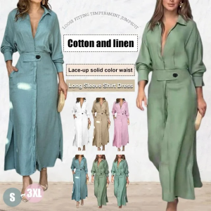 Temperament Commuter Shirt Dress Waist Tie Irregular Long Sleeve Shirt Dresses