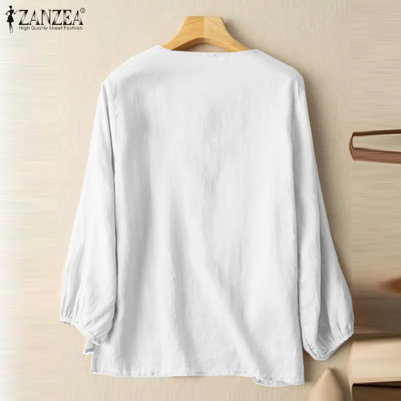 Fancystyle ZANZEA Women Elegant Full Sleeve Button Tops Solid