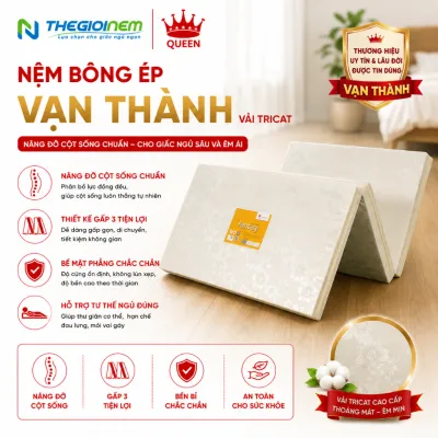 [Trả góp 0%] Nệm bông ép Gấp 3 Vạn Thành - Vải tricat - Bảo hành 7 năm.-Màu ngẫu nhiên.