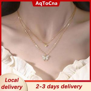 [COD] AqToCna Ship within 24 hours Fashion Shiny Butterfly Necklace Ladies Exquisite Double Layer Clavicle Chain Cool Neck Chain For Women Jewelry Gift