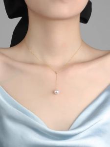 18K Gold Plated Pearl Necklace for Women Girls Floating Single Simple Freshwater Pearl Pendant Necklaces with Chain Pearl Jewelry Gifts for Her 8-9mm