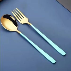 2IN1 Golden Spoon and Fork Stainless Steel Flatware Set Cutlery Set with POUCH Portable Dinnerware Set Tableware Set