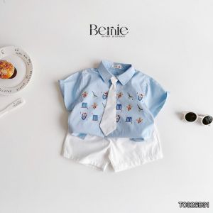 Set sơ mi 3CT Little Charm cho bé trai áo sơ mi và quần short kèm cà vạt 9 tới 28kg BERNIE T0326B31