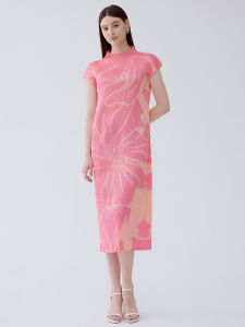 6349 One Size (45-75kg) Summer Gentle Pink Slimming Waist-Tight Small Sleeve Printed Pleated Dress Women