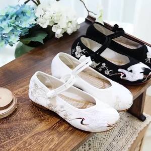 Giày Hán Phục Giày Vải Thêu Hạc   Trang Phục Cổ Điển Giày Khiêu Vũ Gót Thấp Đế Gân Bò   Giày Một Lớp Nữ