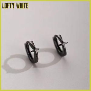 Lofty White ต่างหูแบบห่วงขนาดเล็กรูปดาวสี่แฉกสำหรับผู้ชายผู้หญิงเครื่องประดับหูแนวสตรีทสไตล์ฮิปฮอปสีเงินแบบย้อนยุคสีดำ
