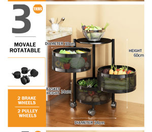 Cylindrical Kitchen Rotating Storage Box Basket Trolley Rack Vegetable Floor Storage Organizer Shelf Organiser