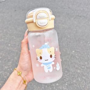 500ML Cute Cat Water Bottle With Lid Simple Straw Portable Plastic Cup For Kids Outdoor School Travel Drinking Water Bottles2026