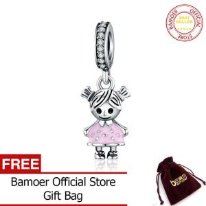 BAMOER Free Shpping New 100% 925 Sterling Silver Couple Little Girl & Boy Pendant Charm fit Girls Charm Bracelet DIY Jewelry SCC543