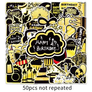 50pcs Original Black Gold Happy Birthday Sticker parti hari lahir keluarga DIY Laptop hiasan telefon mudah alih pelekat vinil kalis air