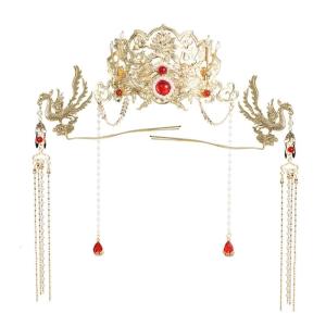 Stunning Bridal Headpiece with Phoenixes Motifs and Delicate Tassels for Chinese Themed Weddings and Celebrations