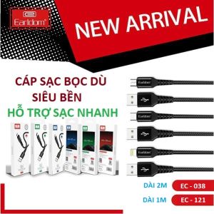 Cáp sạc bọc dù đầu chống gãy gập EARLDOM EC-038/EC-121 dài 2M/1M chân Iphone/Micro/typeC có hỗ trợ sạc nhanh