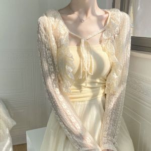 YOCKY Skirt Dress Accessories Elegant Simple Scarves Sun Protection Cape Chiffon Long Sleeves Poncho Wrapped Korean Style Shawl Lace Cardigan Short Top Coat Sunscreen Shawl