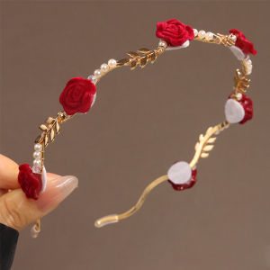 French Retro Rose Red Flower Pearl Hairband Summer French Retro High Sense Hairpin Headdress Niche Design Pressure Hair High-End Unique Niche Headband