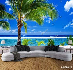 TERLARIS TERMURAH WALLPAPER PANTAI CUSTOM 3D POHON KELAPA HIJAU - Wallpaper dinding pantai termurah - wallpaper dinding 3D pantai 3D terlaris