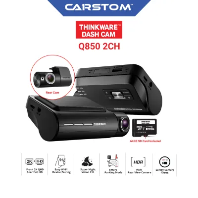 THINKWARE Q850 Dual Dash Cam Front and Rear Camera for Cars 1440P Dashboard Camera Recorder with G-Sensor Car Camera w/Sony Sensor Parking Mode WiFi GPS Night Vision Loop Recording 64GB SD Card