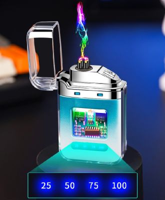Bật Lửa Điện, Hộp quẹt điện tử trong suốt tạo tia lửa plasma 4 tia, led quản lý dung lượng pin