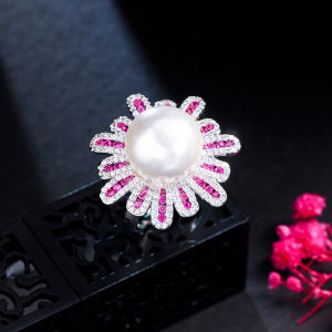 SEQUITO High Quality Ladies Finger Jewelry Silver Plated Full Micro Pave Red White AAAAA CZ Crystal Stone Elegant Women Floral Ring with Big Pearl for Daily Party SR089