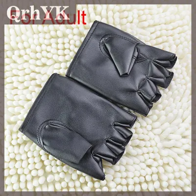 QrhYK ถุงมือหนังสีดำขี้ม้าขับรถแฟชั่นผู้ชายผู้หญิงครึ่งนิ้วถุงมือใหม่