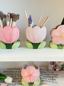 Cute Tulip Flower Ceramic Pen Holder  Makeup Brush Storage Cup Organizer for Desk Vanity Decor Gift