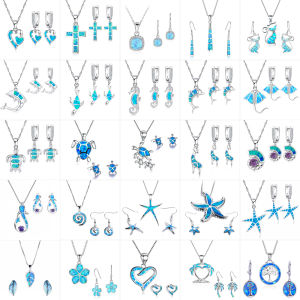 Fashion Opal Jewelry Set For Women Imitation Blue Fire Opal Cut Turtle/Cat Pendant Necklace Earrings Wedding Jewelry h260529