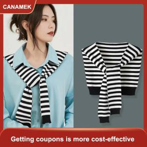 【CANAMEK】 Mùa Đông Bên Ngoài Khăn Choàng Cho Phụ Nữ Hàn Quốc Phong Cách Mới Mùa Xuân Và Mùa Thu Cổ Áo Giả Mỏng Sọc Len Dual-Sử Dụng Khăn Dệt Kim Khăn Choàng
