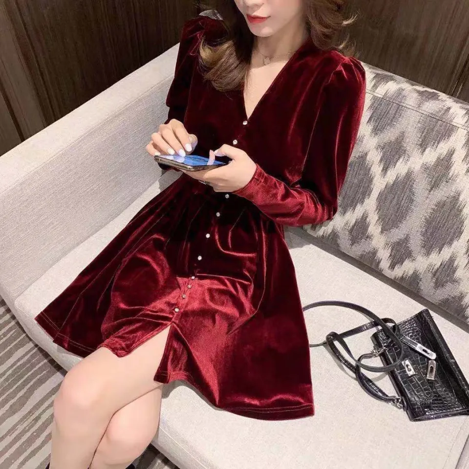 Red Sexy Crystal Button Velvet Short Dress Women Long Sleeve V