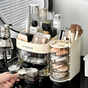 360 Degree Rotating Makeup Brushes Organizer Desk Organizer Cosmetic Storage Box with Drawers Large Capacity Storage Basket