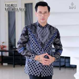 BATIK PUTRA JAWA Motif NAYESWARA NAVY KOKO Batik Pria Slimfit Premium Bahan Katun Lapis Furing