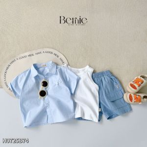 Set sơ mi 3 chi tiết đi biển đi chơi phong cách hàn quốc cho bé trai 1 tới 7 tuổi BERNIE H0725B74