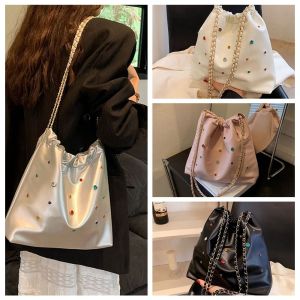 FGJEB Large Capacity Handbag Color Rhinestone Chain Handbags for Women Korean Style Pu Leather Crossbody Bag For Girls